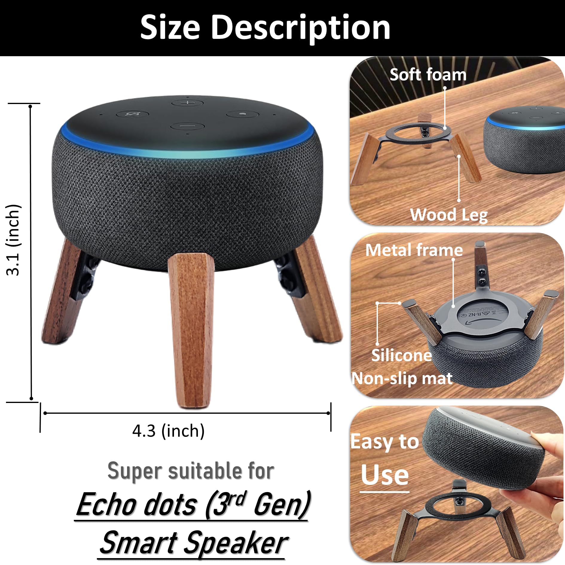 Real Wood Stand for Echo dots 3rd Gen Smart Speaker (2018),Tripod Accessories Protect Alexa Speaker for Better Sound,Secure Stable Sturdy Wooden Mount Holder for E cho dot 3rd (Walnut)