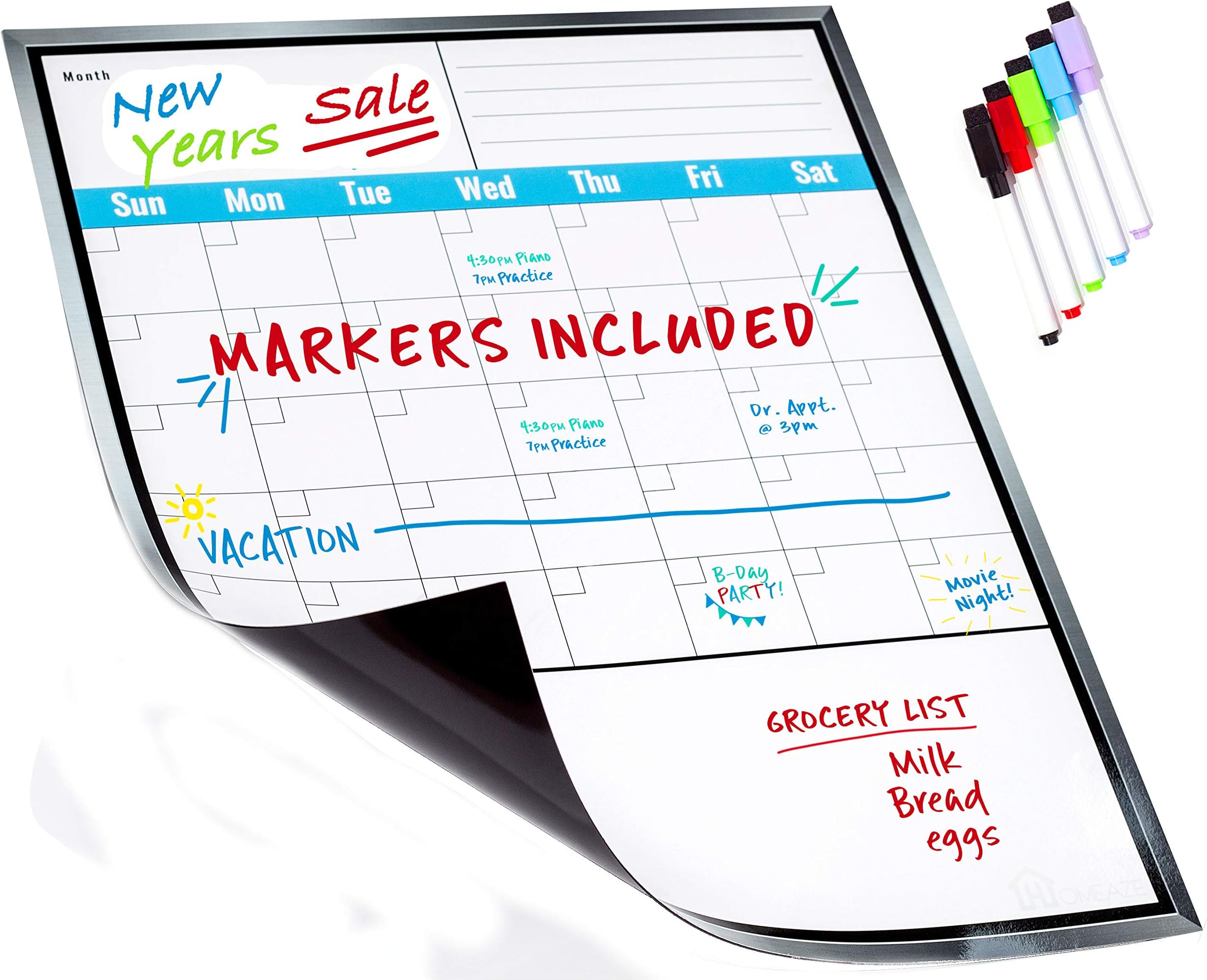 Large Dry Erase Monthly Magnetic Calendar Set for Refrigerator, Magnetic White Board and Fridge Calendar, 5 Multi-Color Markers with Magnets Included