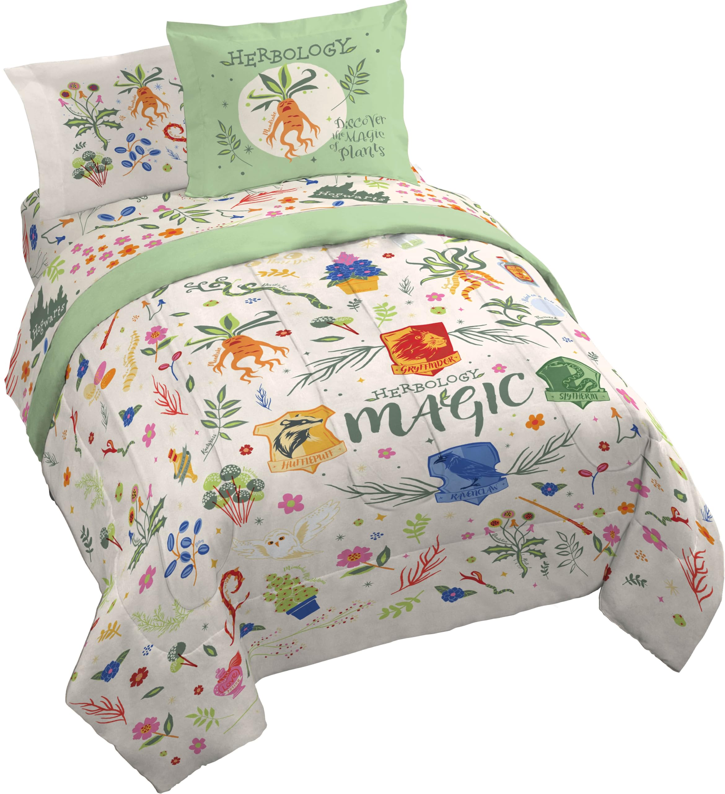 Jay Franco Harry Potter Queen Size Comforter Set - 7 Piece Bedding Includes Sheet Set & Pillow Covers - Super Soft Hogwarts Herbology Bedding Image