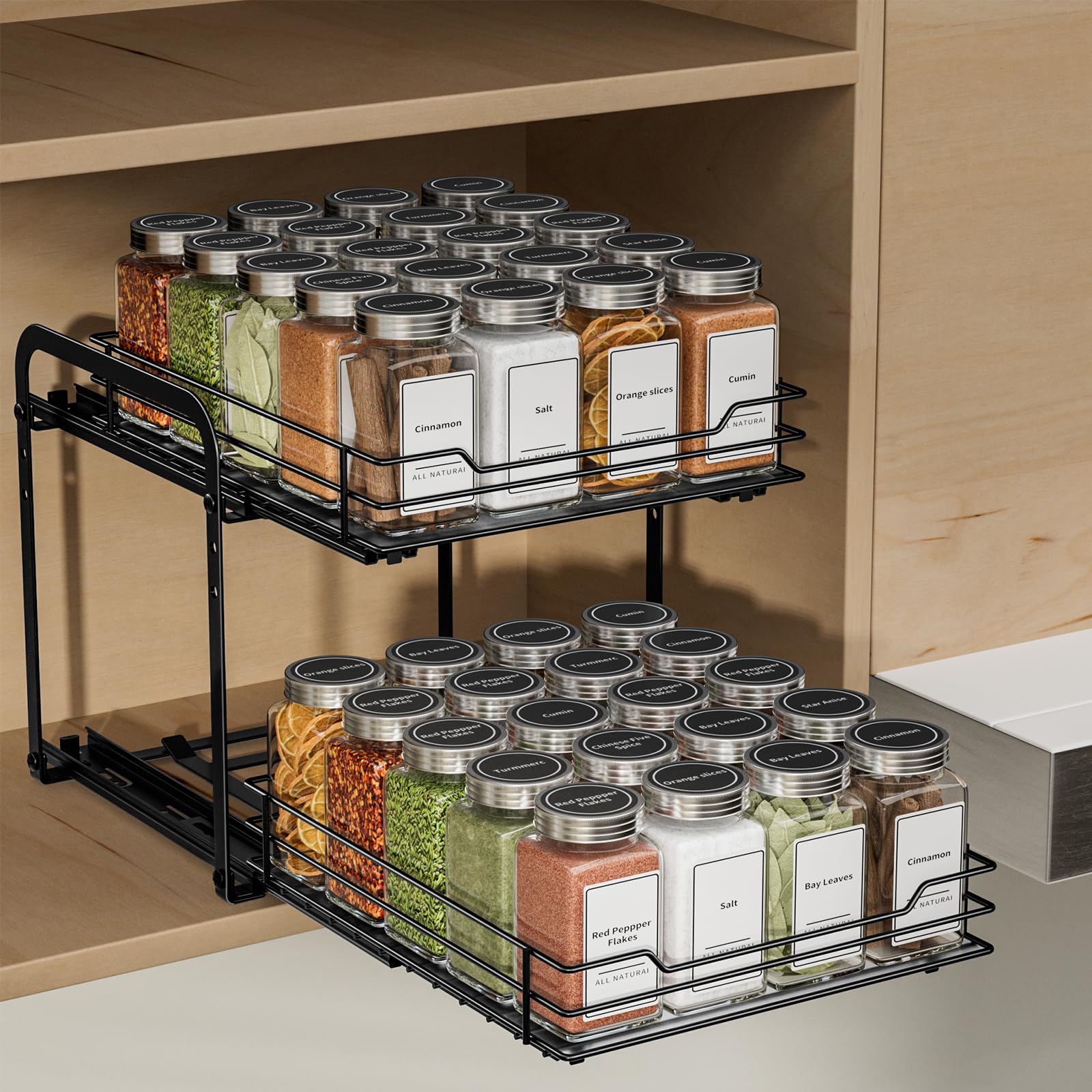ZDDLOINP Pull Out Spice Racks for Inside Cupboard, 2 Tier Spice Rack, Spice Rack for Cabinet Height Adjustable, Heavy Duty Slide Out Spice Racks Organizer L10.4*W9.4*H9.1inch