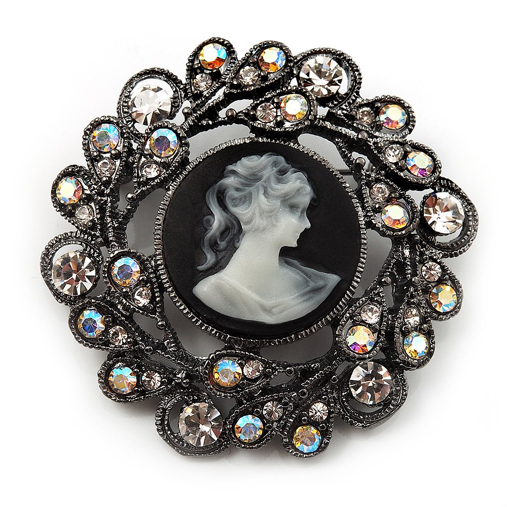 Black Round Crystal Cameo Brooch (Gun Metal Finish)