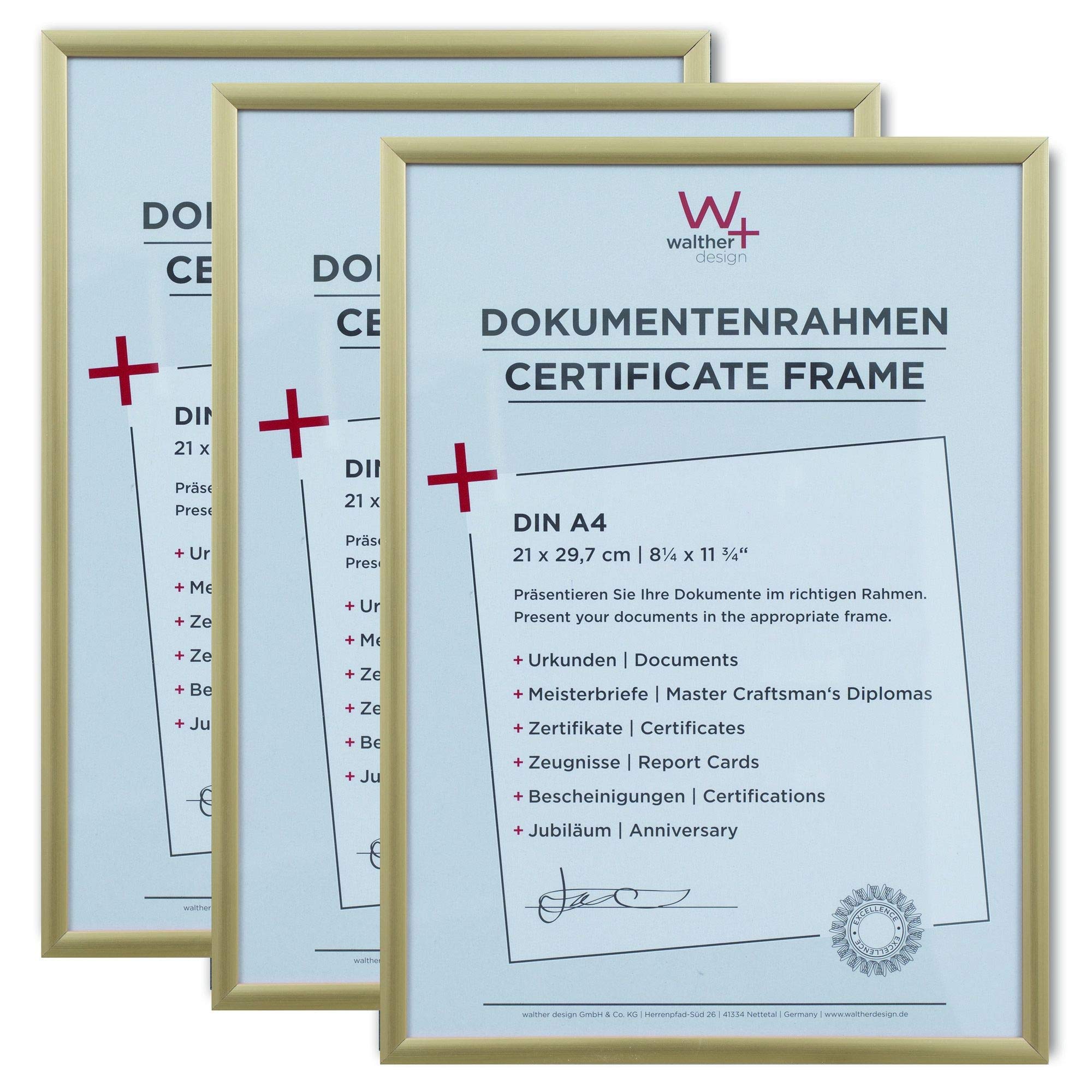 walther Design Picture Frame Gold 21 x 29,7 cm (DIN A4) 3-Pack, New Lifestyle Plastic Frame KV130G3