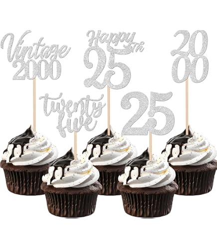Gyufise 1Pc Happy 25th Birthday Cake Topper Glitter 25th Birthday Cake Pick Cheers To 25 Years Old Twenty Five Fabulous Cake Decorations For 25th Birthday Theme Party Supplies Black