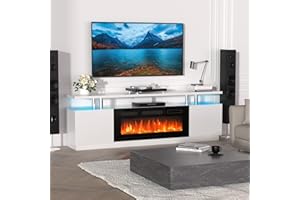 IDEALHOUSE 70'' Fireplace TV Stand with 36'' Firplace, 2 Tier TV Console Cabinet with Storage Cabinet, Entertainment Center, Electric Fireplace Heater with 12 Frame and LED Light Colors, White