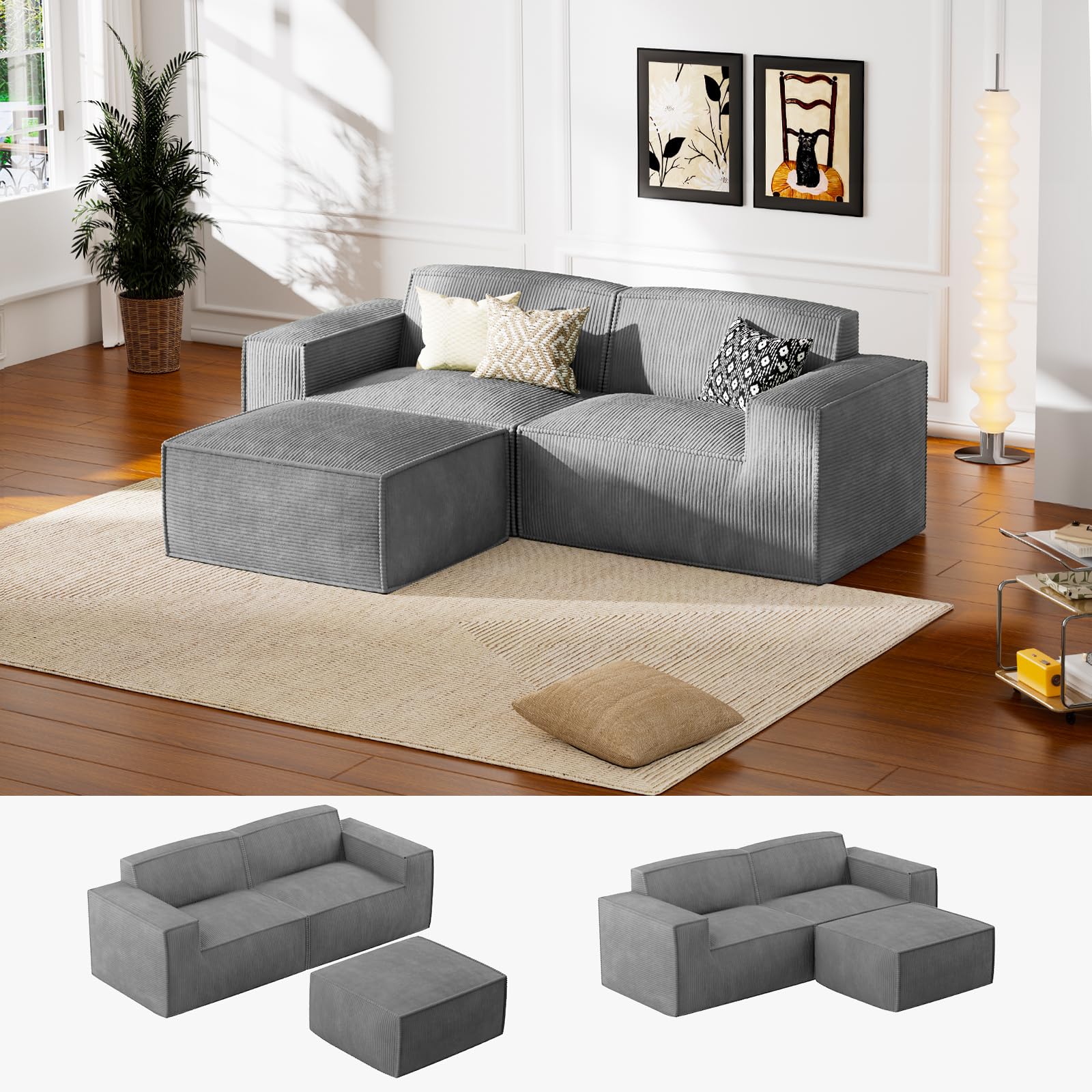 Marsail 80" L Shaped Sofa Modular, Corduroy Cloud