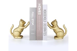 Ambipolar Lucky Cat Decorative Bookend, Heavy Duty Cast Iron, Vintage Shelf Decor, Gold, T3-66