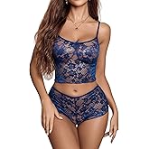 Avidlove Lace Bra and Panty Set V Neck Babydoll Lingerie 2 Piece Mesh Bralette Set