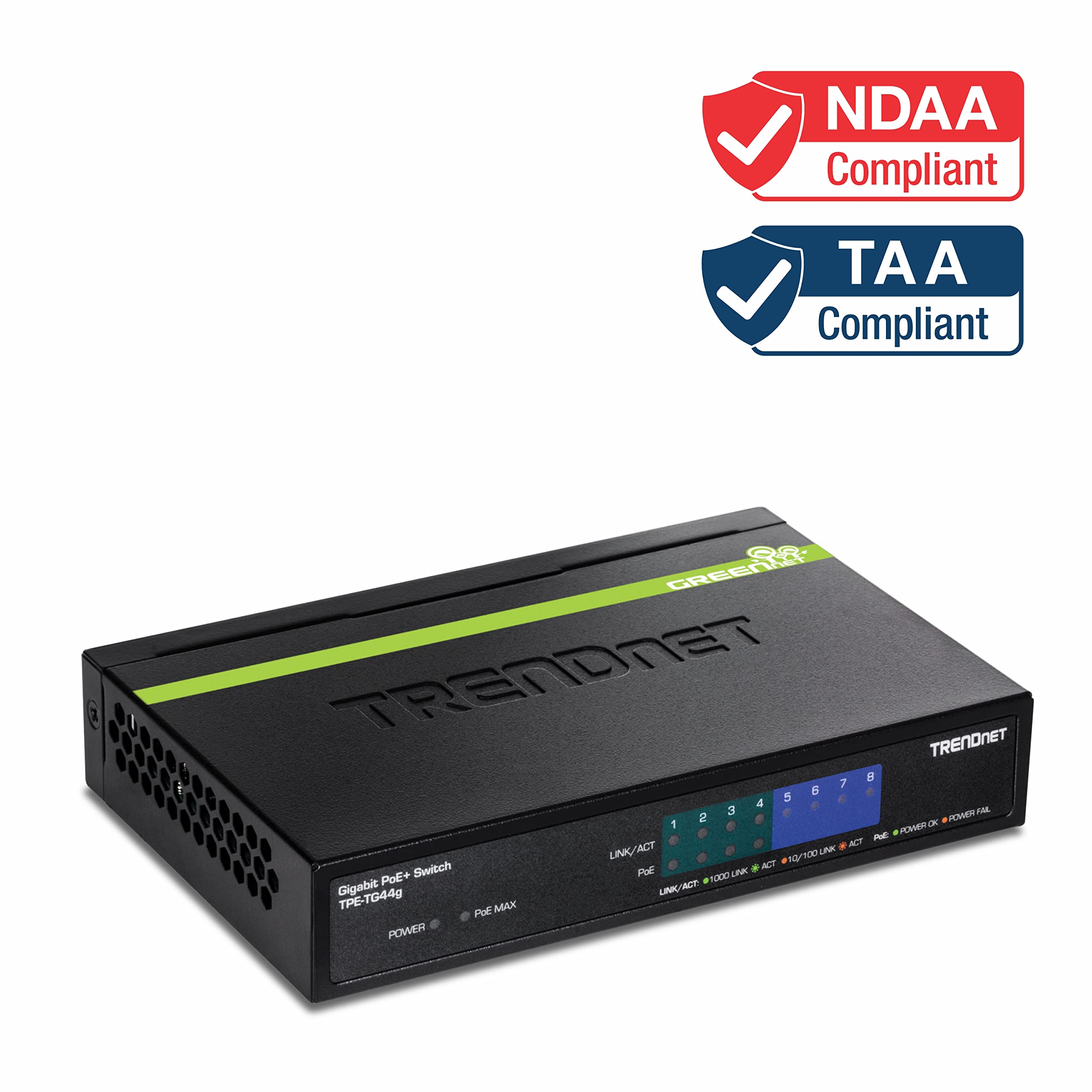 TRENDnet 8-Port Gigabit GREENnet PoE+ Switch, TPE-TG44G, 4 x Gigabit PoE/PoE+ Up to 30 W/Port, 4 x Gigabit, 61 W Power Budget, 16 Gbps Switch Capacity, Ethernet Unmanaged Switch