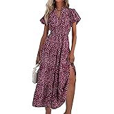 MASCOMODA Summer Maxi Dresses for Women 2026 Casual V Neck Puff Short Sleeve Smocked Flowy Beach Boho Long Floral Dress