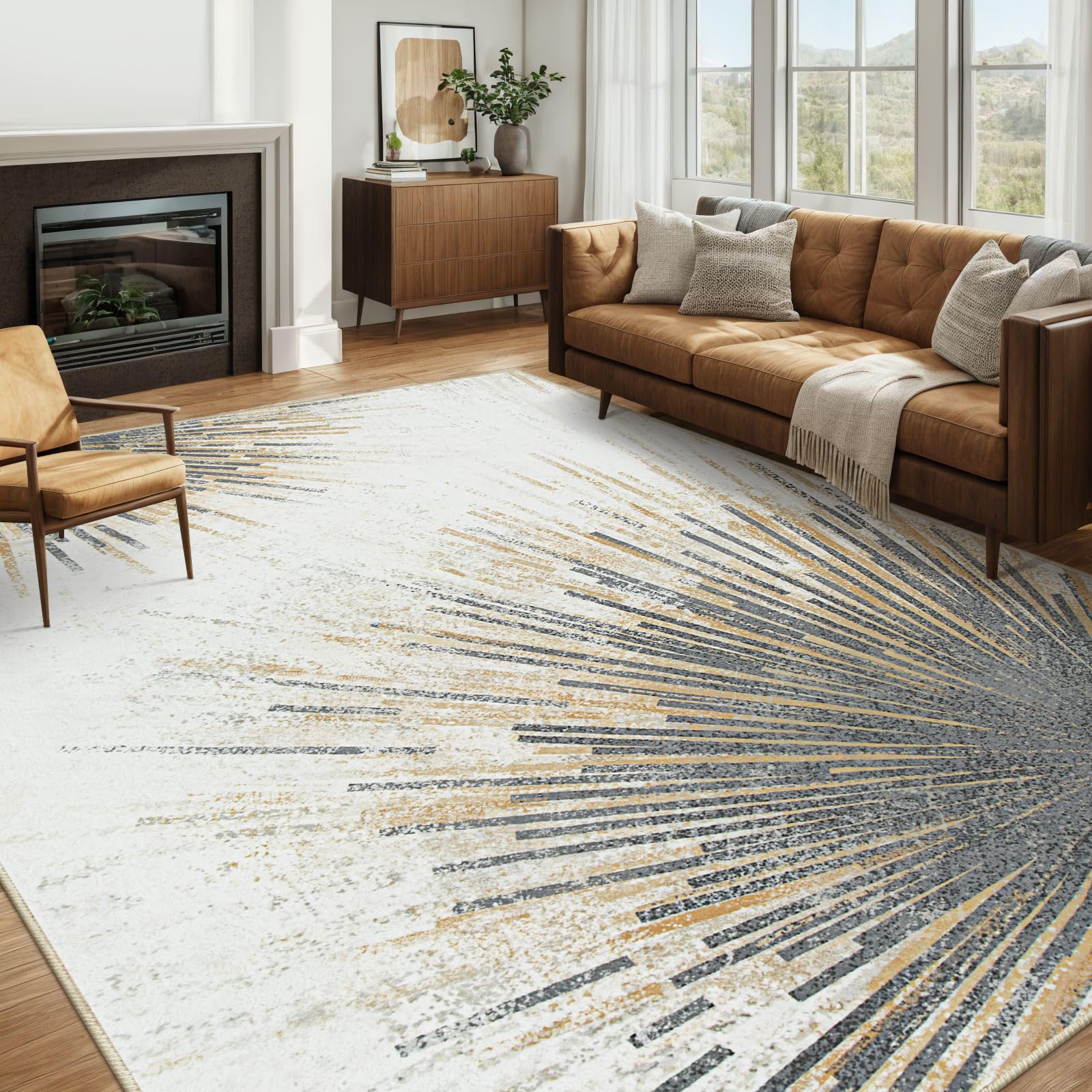 Photo 1 of Lahome Modern Large Living Room Rug - Machine Washable Area Rug 6x9 Non-Slip Soft Bedroom Carpet, Abstract Print Indoor Throw Ultra-Thin Carpet for Dining Room Table Office Home (Gold/Gray, 6'x9')
