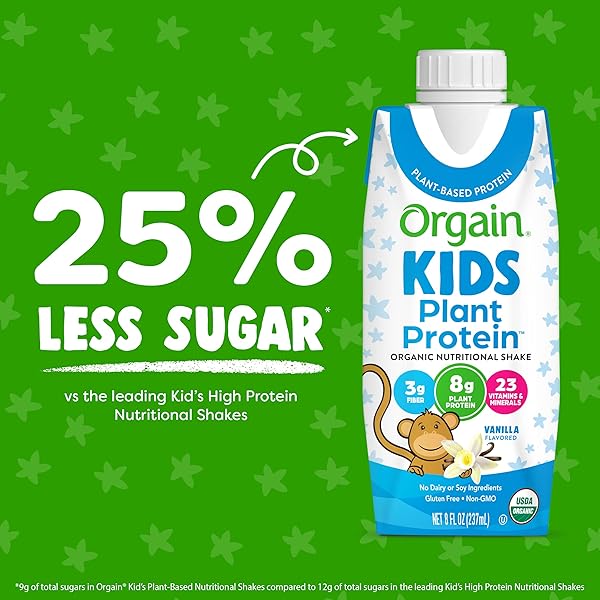 ORGAIN ORGANIC KIDS NUTRITIONAL VEGAN PROTEIN SHAKE, VANILLA – HEALTHY KIDS SNACKS, 8G PLANT PROTEIN, 3G FIBER, 23 VITAMINS & MINERALS, NO DAIRY & SOY INGREDIENTS, NON-GMO, 8 FL OZ (PACK OF 12)