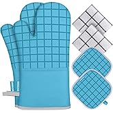 Oven Mitts and Pot Holders with Kitchen Towel Dishcloth Sets, 500 Degree Heat Resistant Kitchen Mitts and Pot Holders, Dish Towels and Dishcloths Sets with Hanging Loop 6PCS-Turquoise