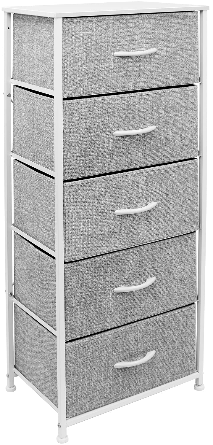 Sorbus Nightstand Dresser with 5 Drawers - Tall Storage Tower Unit Organizer for Bedroom, Hallway, Closet, College Dorm - Chest Drawer for Clothes, Steel Frame, Wood Top, Fabric Bins (White/Gray)