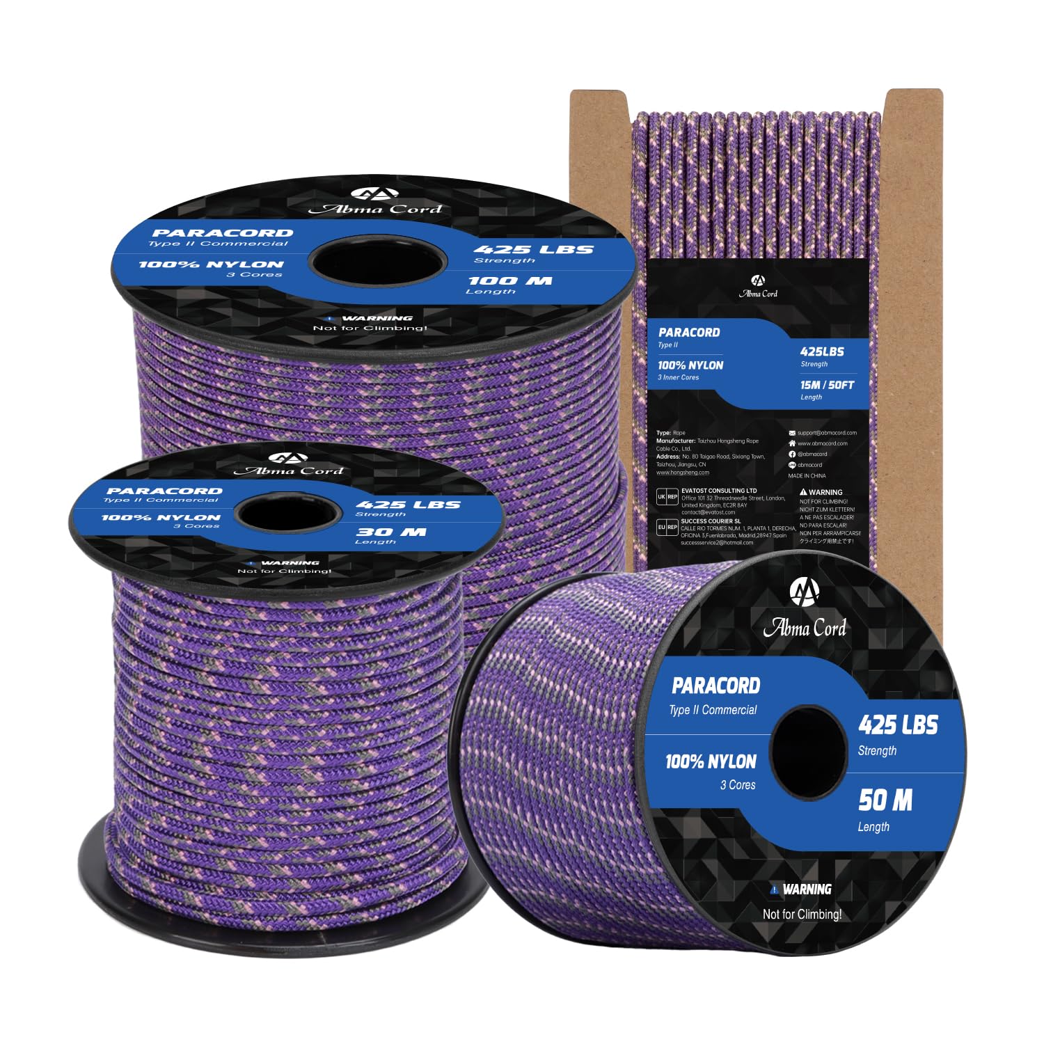 Abma Cord Paracord 3mm 50m 100% Nylon Rope Type II 3 Strands Parachute Cord - Max. 192kg (425lbs) - Napa Valley