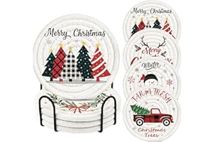 Kokaaee Christmas Coasters Set of 4 - Braided Cotton Absorbent Cup Coasters with Holder Soft Woven Cloth Fabric Cup Mat for Drinks Coffee Home Office Party Desk Table, Red Christmas Tree Snowman