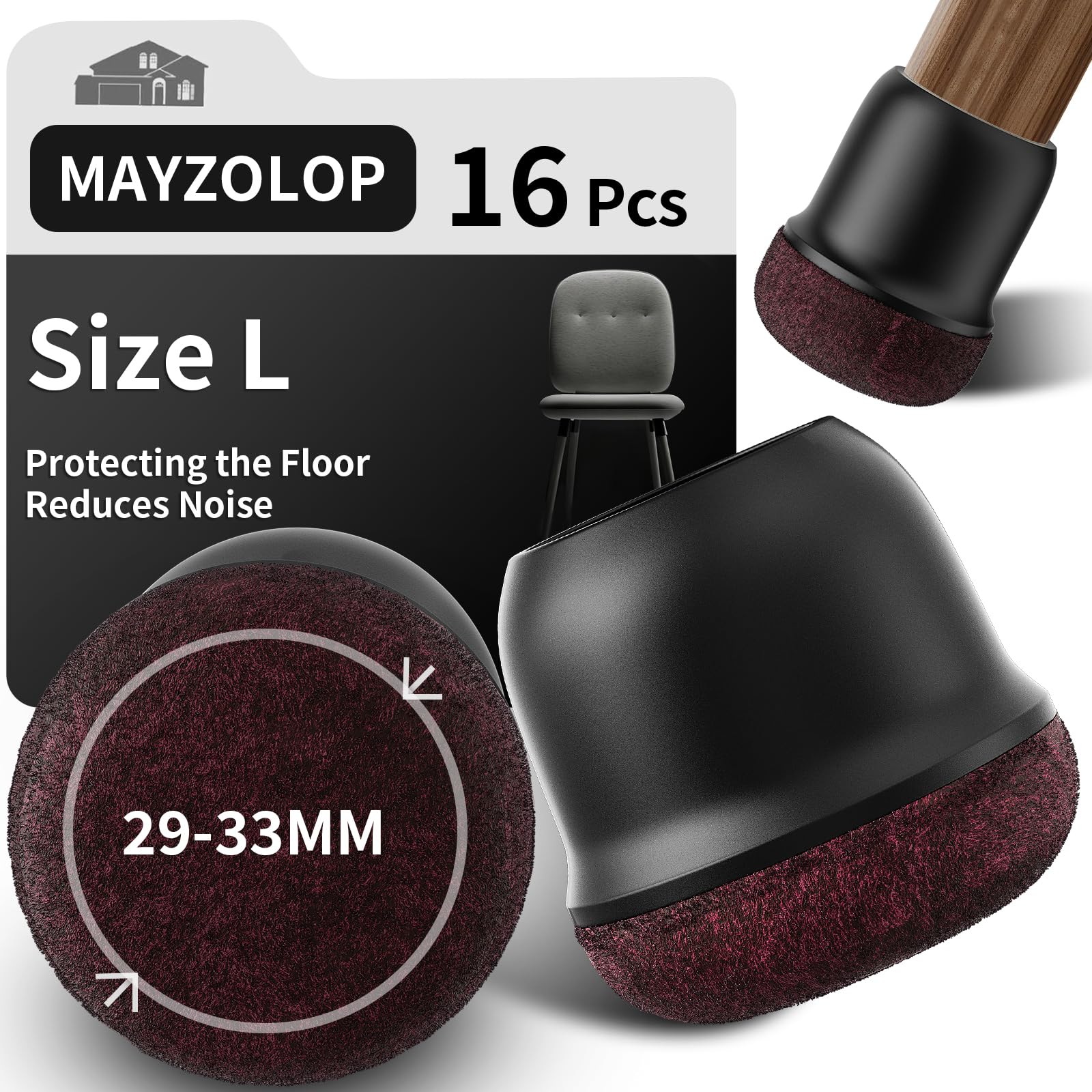 MAYZOLOP 16PCS Chair Leg Floor Protectors, Ø29-33mm Round Black Silicone Chair Leg Caps with Felt Pads, Hardwood Floor Protectors for Furniture Legs,No Scratches No Noise