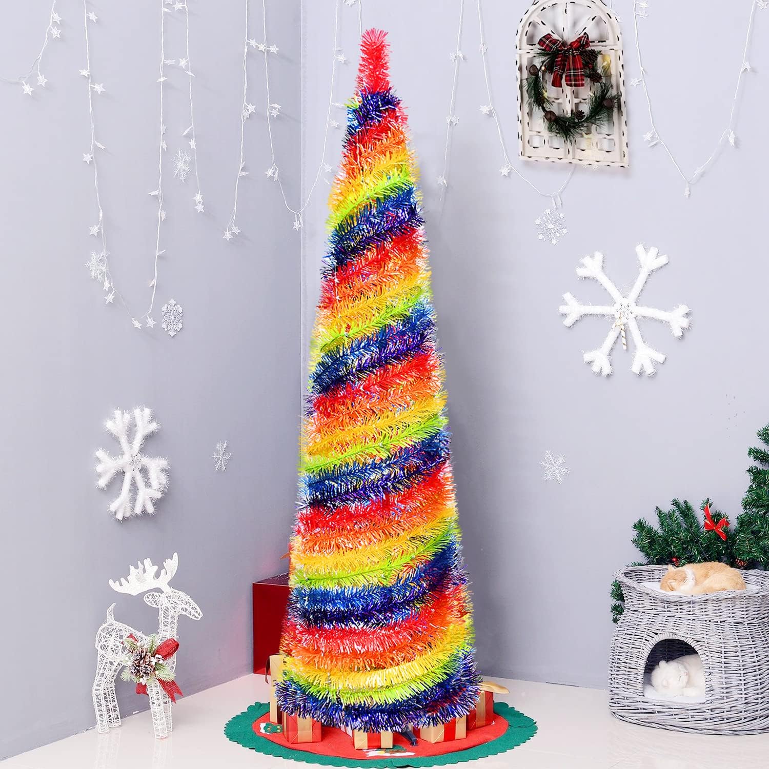 Trees - Rainbow Tinsel Pride Tree, 5FT Collapsible Pop Up Artificial Christmas Tree w/Premium Metal Stand Large Sequin Pencil Tree for Fireplace Party Home Office Xmas Decorations