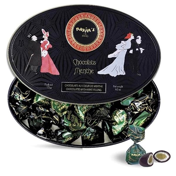 MAXIM’S DE PARIS – CHOCOLATE COVERED MINT CANDIES IN A LUXURIOUS OVAL TIN BOX BLACK AND GOLD, BELLE EPOQUE DESIGN, 175 G