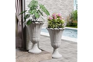 FONTOI 23" Tall Plastic Urn Planter (2-Pack) – Planters for Outdoor Plants with Drainage Holes & Petal Design, Heavy-Duty Classic Indoor Large Flower Pots for Home Garden, Front Porch & Decor, Grey