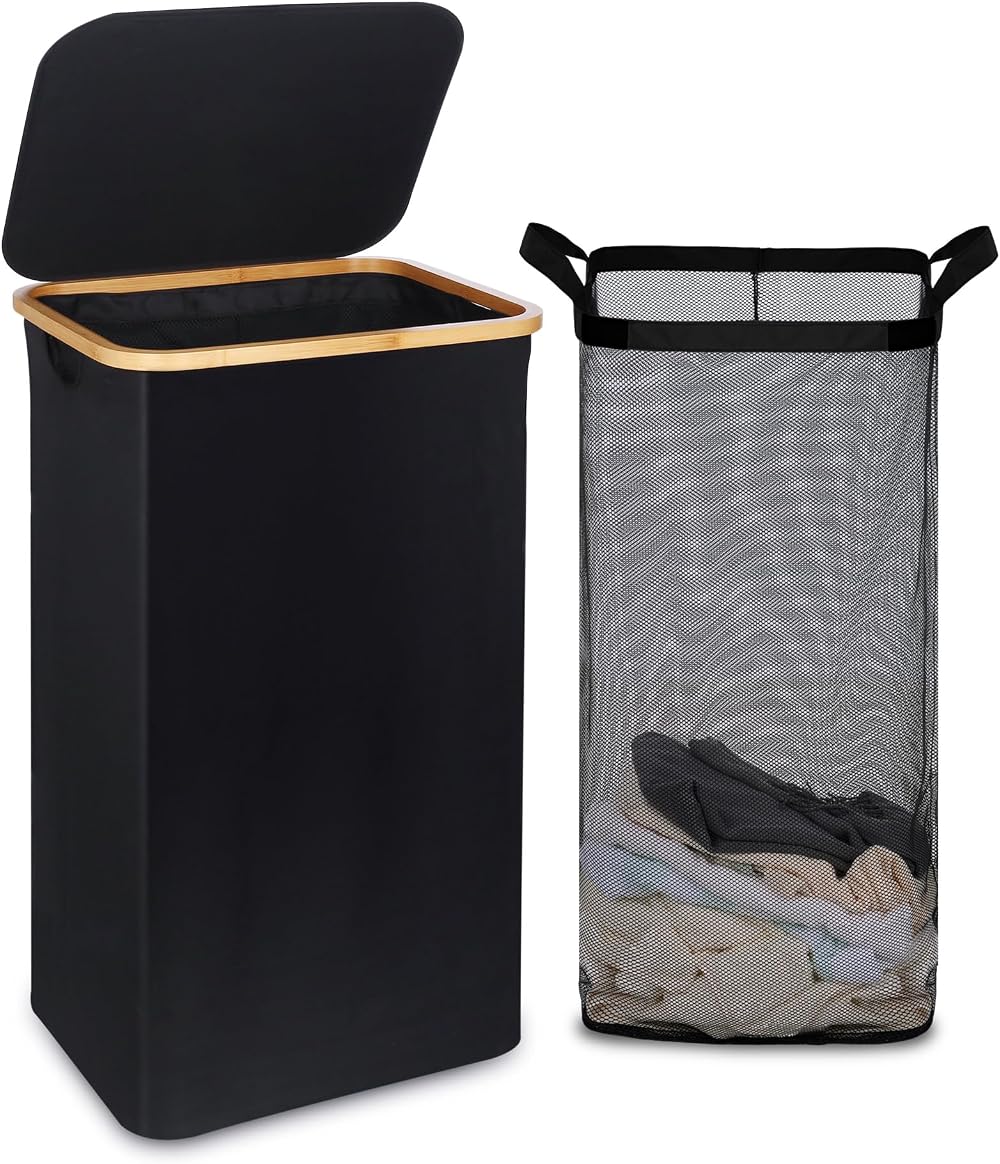 efluky 100L Laundry Basket with Lid Bamboo Handles XXL White/Black