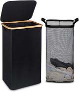 efluky 100L Laundry Basket with Lid Bamboo Handles XXL White/Black