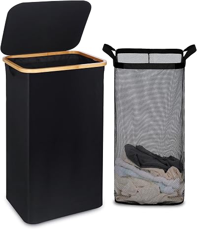 efluky 100L Laundry Basket with Lid Bamboo Handles XXL White/Black