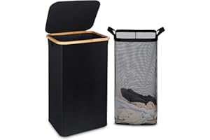 efluky Laundry Hamper with Lid, 100L Tall Laundry Basket with Bamboo Handles for Clothes and Toys, Collapsible Laundry Hamper