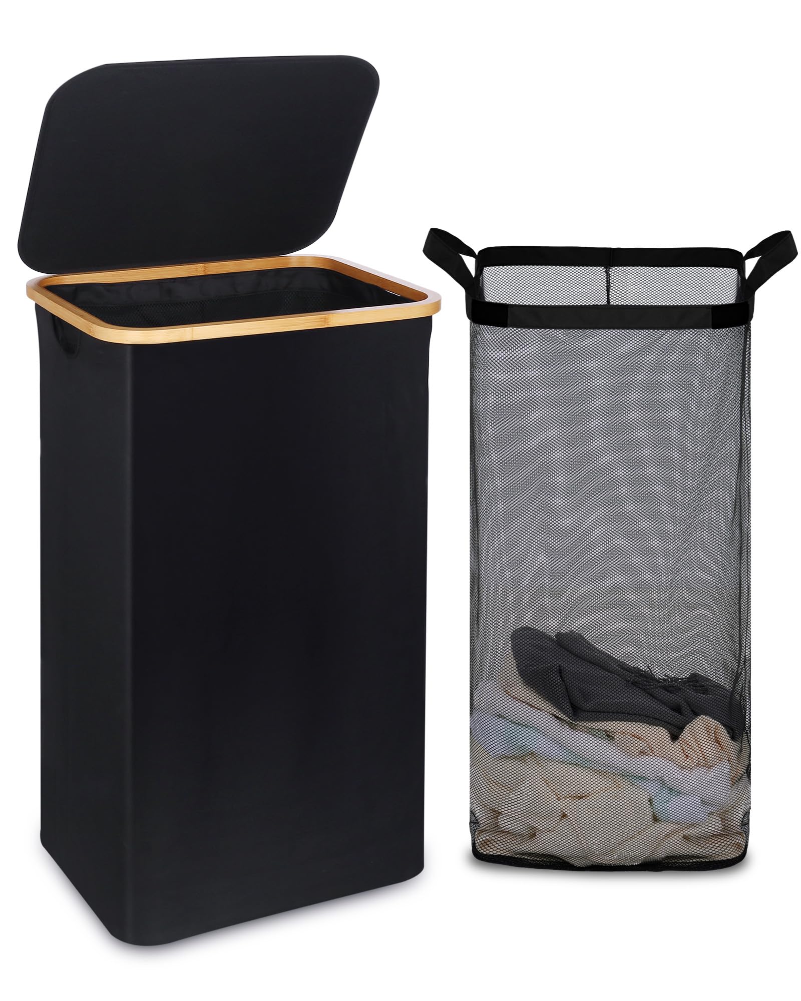 Photo 1 of efluky Laundry Basket with Lid and Removable Bag, 100L Tall Laundry Hamper with Bamboo Handles, Aesthetic Dirty Clothes Bin for Laundry Room, Bathroom, Bedroom and Dorm, Black