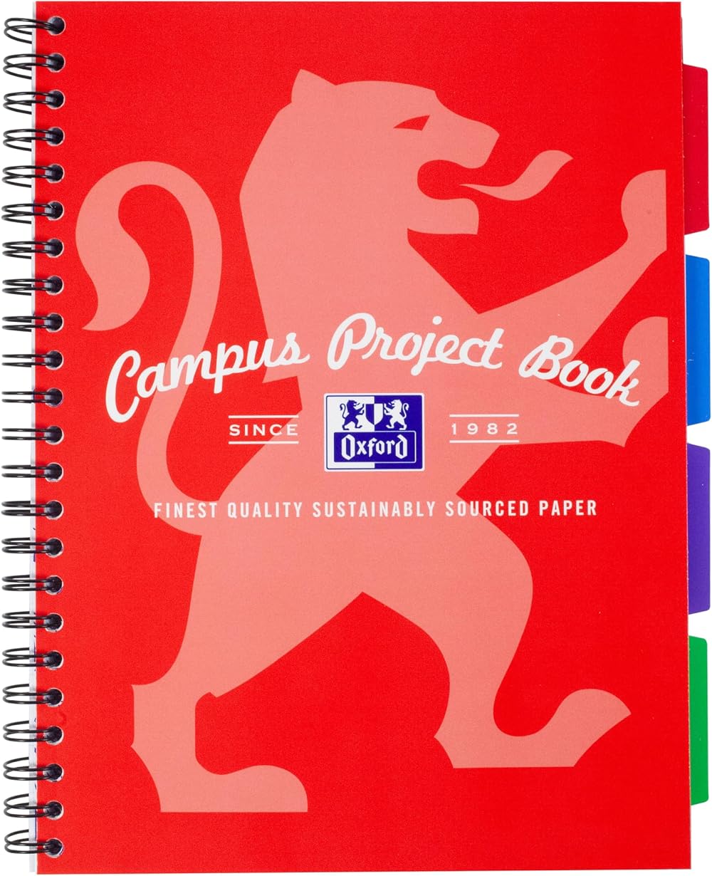 Oxford Campus A4 Project Notebook with Dividers 200 Pages Optik Paper+ Red