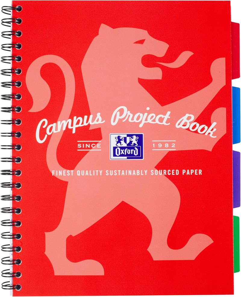 Oxford Campus A4 Project Notebook with Dividers 200 Pages Optik Paper+ Red