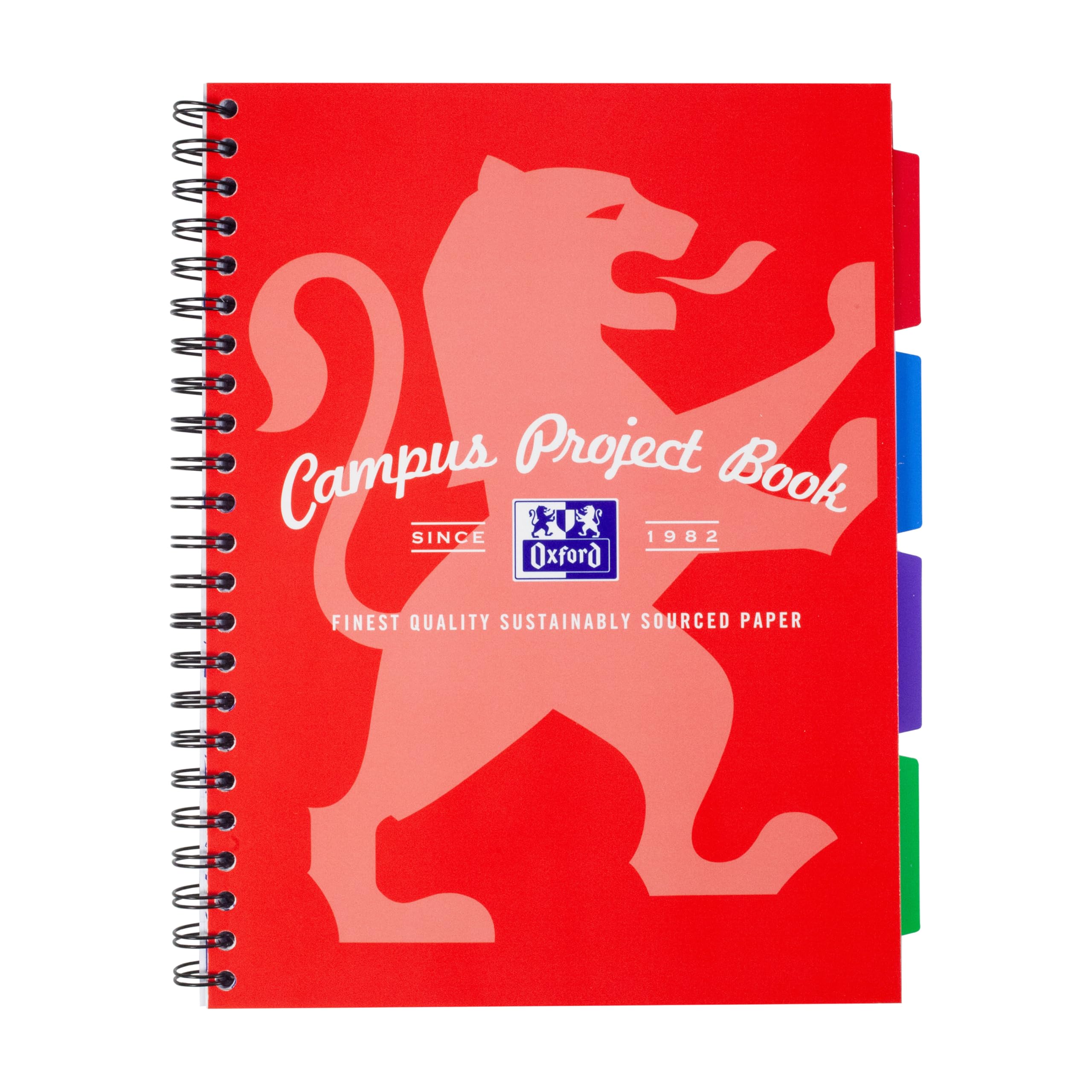 Oxford Campus A4 Project Notebook with Dividers, Wirebound, 8 mm Lined with Margin, 200 Pages, Pack of 1, Optik Paper+, Red