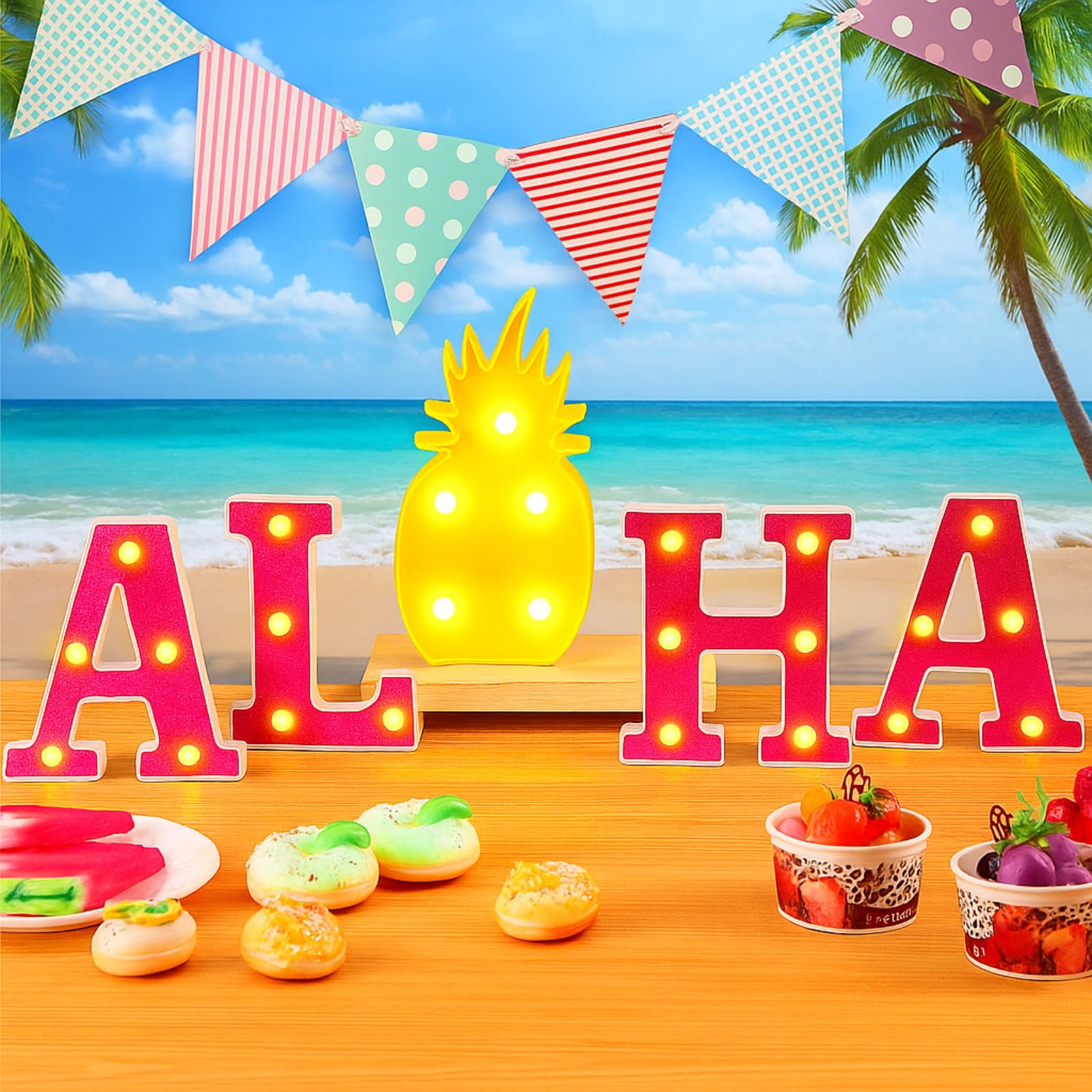 Photo 1 of Honoson 5 Pcs Hawaiian Luau Aloha Party Decoration Aloha Letter LED Pineapple Lights Sign Summer Tropical Table Decorations Tropical Hawaiian Tiki Summer Beach Pool Party Supplies