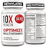 10X Health Optimize Multivitamin for Men - 90 Capsules, Methylated Multivitamin 34 in 1 Formula with 800 mcg of Vitamin B12, 5-MTHF, NAC - Methyl B Complex