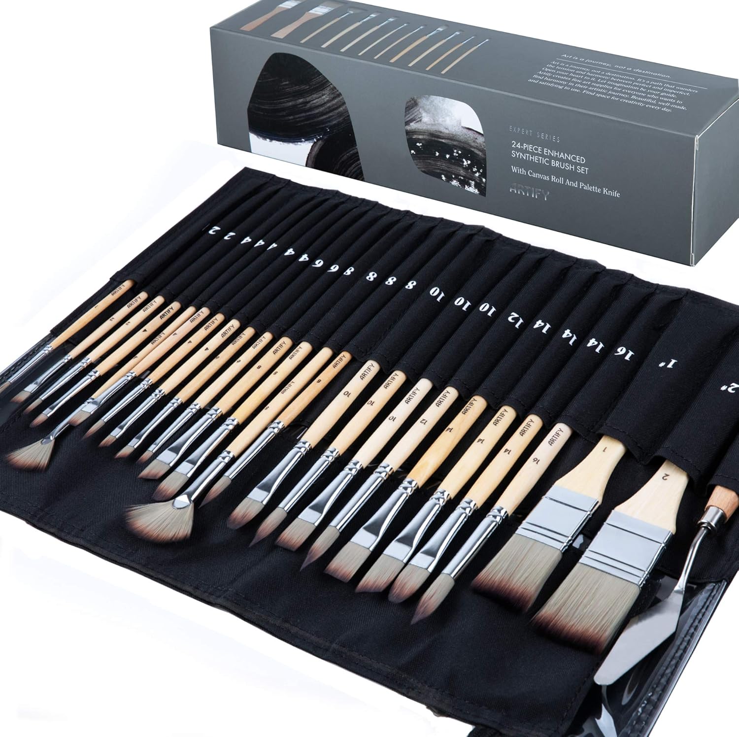 ARTIFY 24 pcs Paint Brush Set, Expert Series, Enhanced Synthetic Brush Set with Canvas Roll and Palette Knife for Acrylic Oil Watercolor Gouache (Birch)