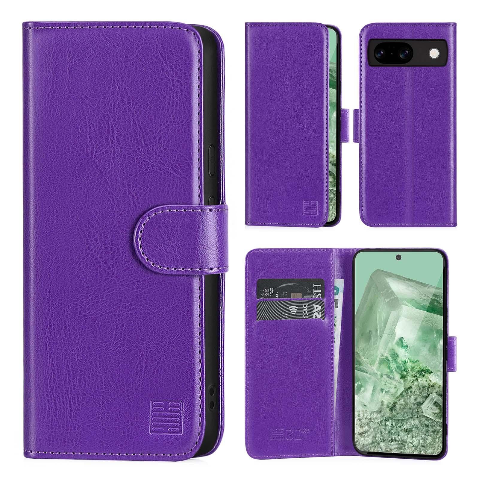 32nd Book Wallet PU Leather Case Cover for Google Pixel 8A, Flip Case With RFID Blocking Card Slots, Magnetic Closure and Built In Stand - Purple — image 1