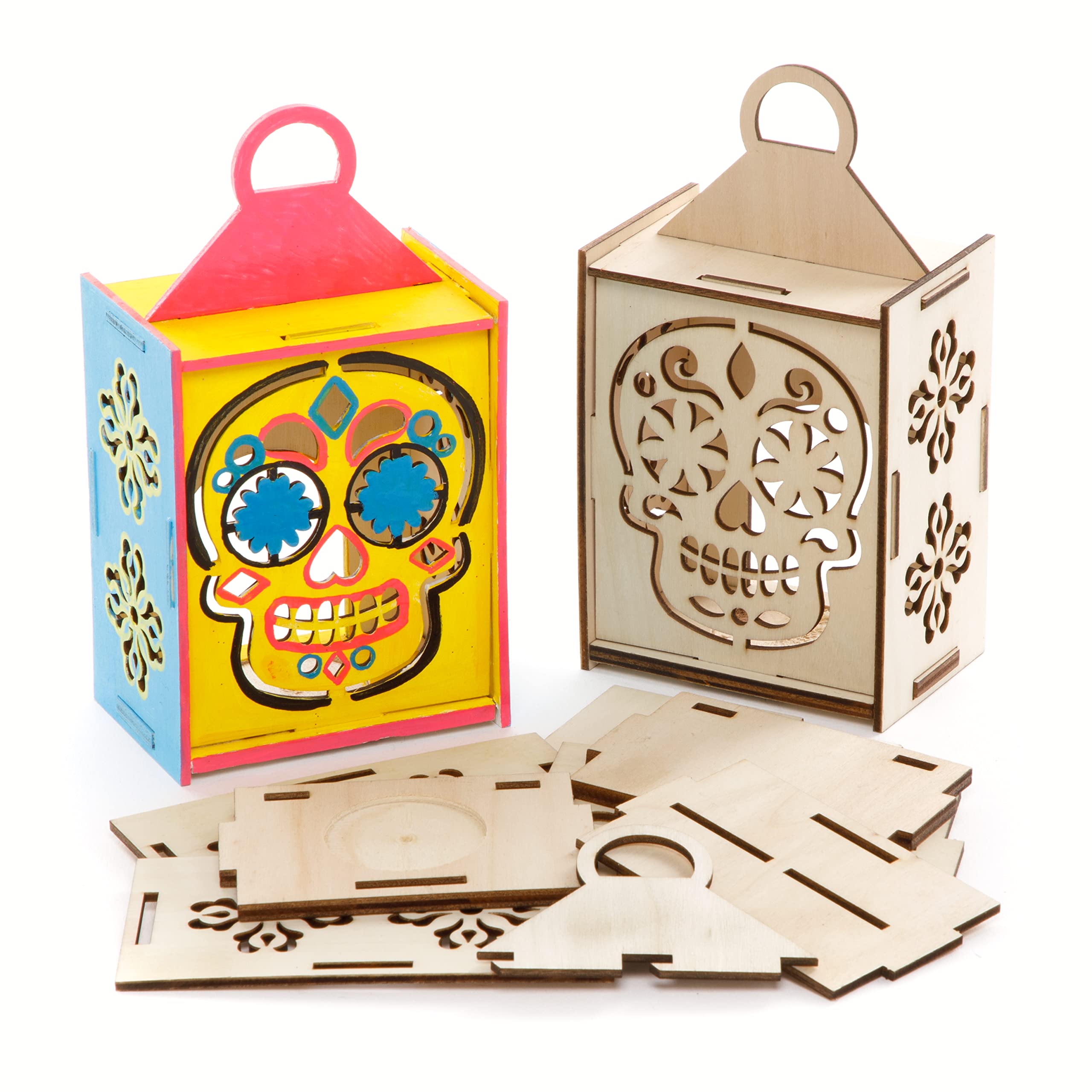 Baker Ross FE732 Day of the Dead Wooden Lantern - Pack of 3, Halloween Wooden Craft Set for Children, Arts and Crafts for Kids Activities for Kids to Colour In, Decorate and Display