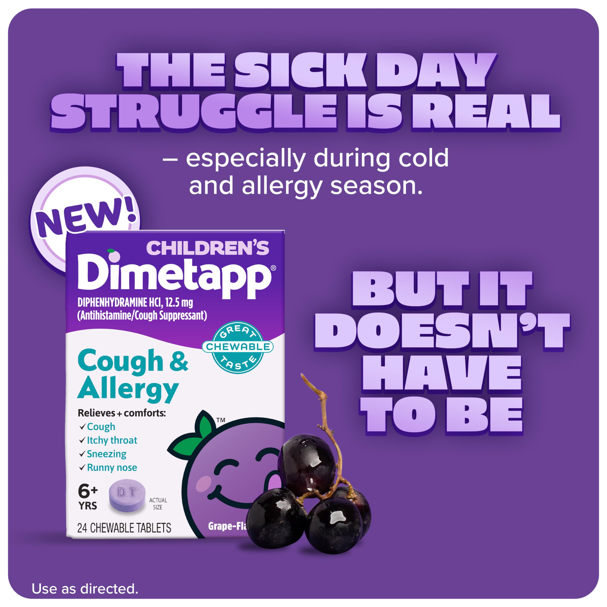 Children’s Dimetapp Fast-Acting Chewable Cough & Allergy Medicine, Antihistamine, Cough Suppressant, Grape Flavor, Relieves Cough, Itchy Throat, Sneezing & Runny Nose, 24 Chewable Tablets