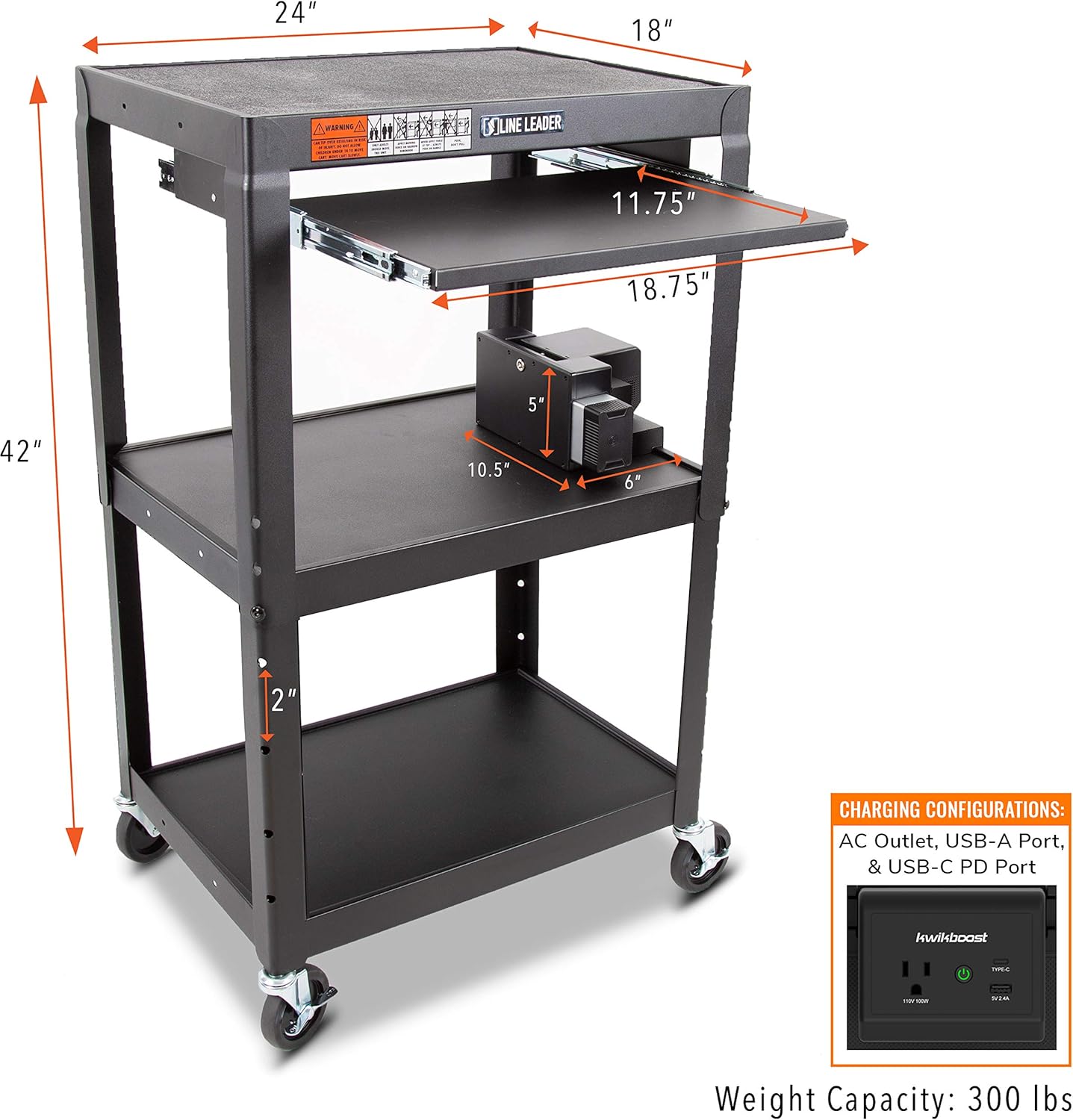 Line Leader AV Cart with EdgePower Portable Battery Charging | Height Adjustable Utility Cart with Clamp On Charging Solution | Includes Pullout Keyboard Tray & Cord Management (24 x 18) : Office Products