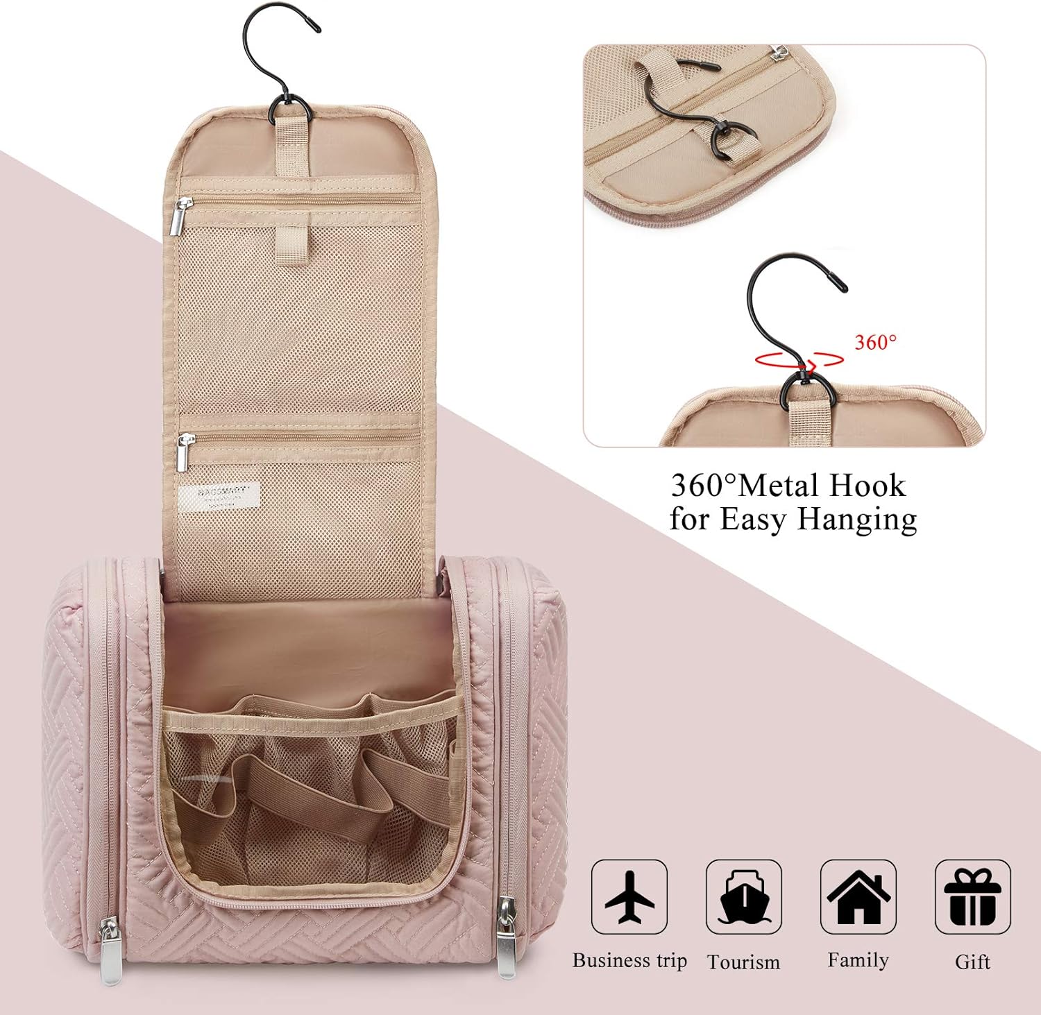 Toiletry Bag, BAGSMART Travel Toiletry Organizer with hanging hook, Water-resistant Cosmetic Makeup Bag Travel Organizer for Shampoo, Full Sized Container, Toiletries, Pink
