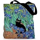 LADOCK Black Cat Irises Floral Tote Bag, Cat Lover Mom Lady Gifts Canvas Tote Bags for Women, Whimsical Funny Black Kitten Flower Reusable Grocery Shopping Bags