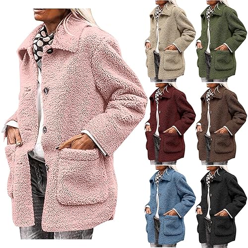 Ladies Coats and Jackets Fleece Jacket Women Teddy Sherpa Lapel Sweater Coat Ladies Fuzzy Jackets Autumn Warm Fluffy Button Cardigan Winter Sweatshirt Casual Warm Outwear with Pockets