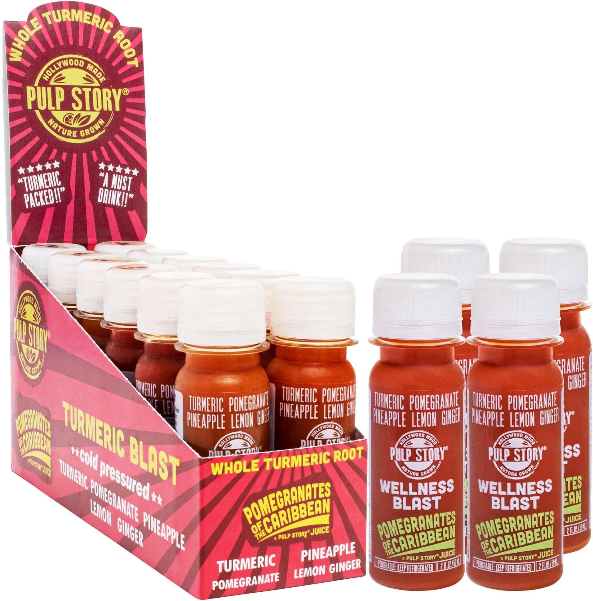 Cold Pressed Juice Shots - Pomegranate & Turmeric Juice with Pineapple, Lemon & Ginger - Organic Health & Wellness Blast - 2 Ounce Single Servings, 16 Count - By Pulp Story