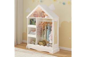 Curipeer Dollhouse Kids Dress Up Storage with Full-Length Mirror & Motion Sensor Light, Open Hanging Kids Wardrobe Closet, Toddler Dress up Rack, Armoire Costume Organizer for Playroom, White