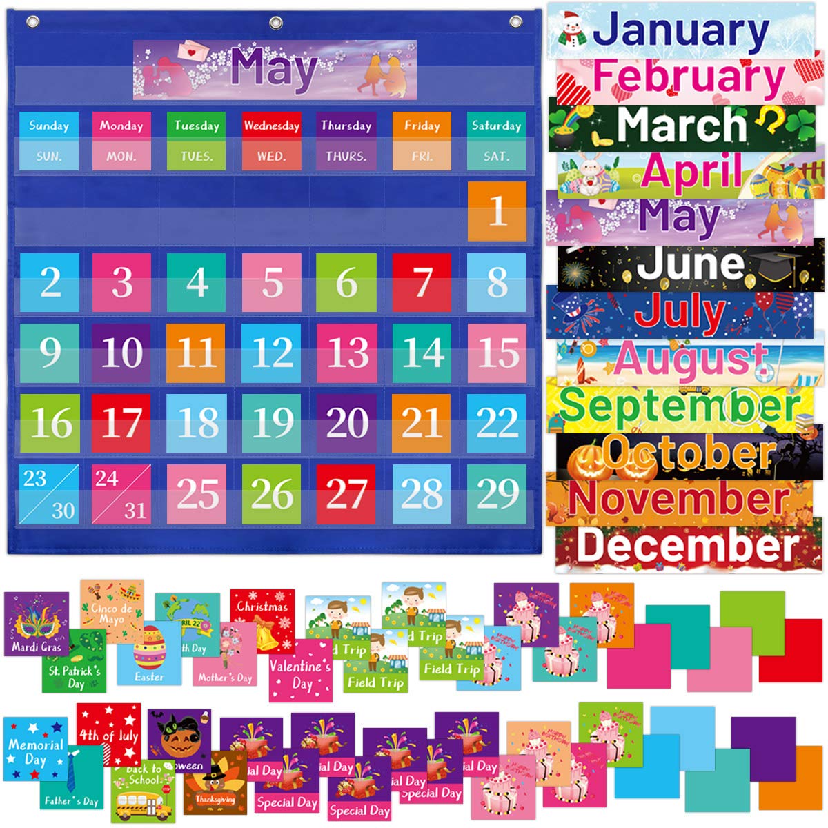 Classroom Calendar Pocket Chart School Monthly Calendar with 96 Cards for Classroom Decor Kids Toddlers Preschool Kindergarten Home Supply