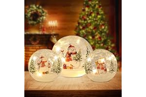 YEAHOME Christmas Decorations Indoor,Set of 3 Snowman Crackle Glass Ball with LED Lights Home Decor, Christmas Table Decorations Lighted Globes with Timer for Mantel Fireplace Tabletop
