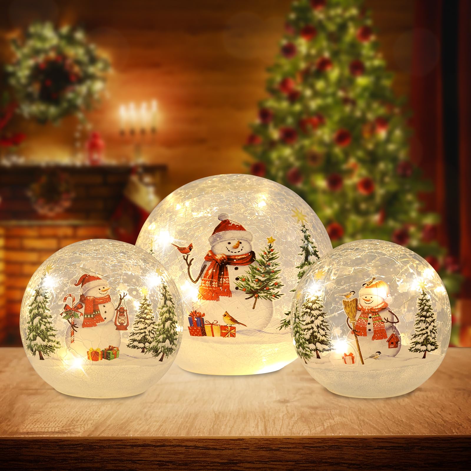 Photo 1 of YEAHOME Christmas Decorations Indoor,Set of 3 Crackle Glass Ball with LED LightsChristmas Snowman Home Decor,Christmas Table Decorations Lighted Globes with Timer for Mantel Fireplace Tabletop