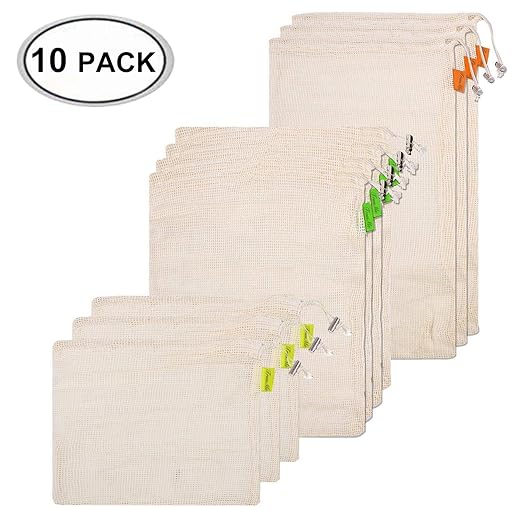 Gemüsebeutel, Gemüsenetze, Reusable Produce Bags, Obst und Gemüsebeutel 10er Set, Natürliche Baumwolle biologisch abbaubar