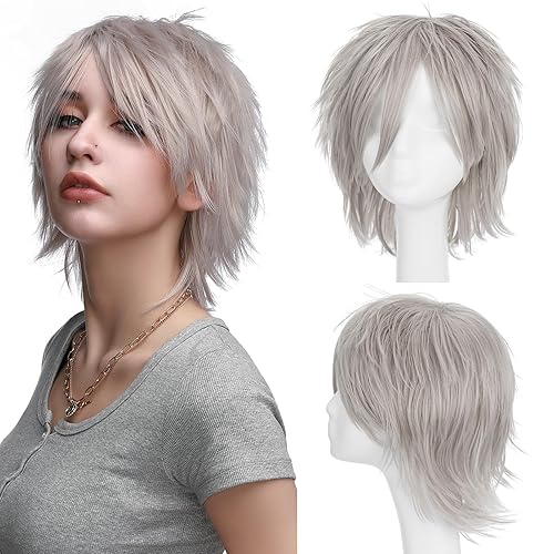 S-noilite Women Men Male Cosplay Hair Wig Short Straight Anime Party Dress  Loose Fluffy Costume Full Wigs Silver Grey in Oman Whizz Wigs