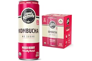 Liquid Remedy Kombucha Sugar Free Organic Drink, Low Calorie, Probiotic Like Tea for Gut Health - Mixed Berry - 12 Fl Oz Can, 4-Pack