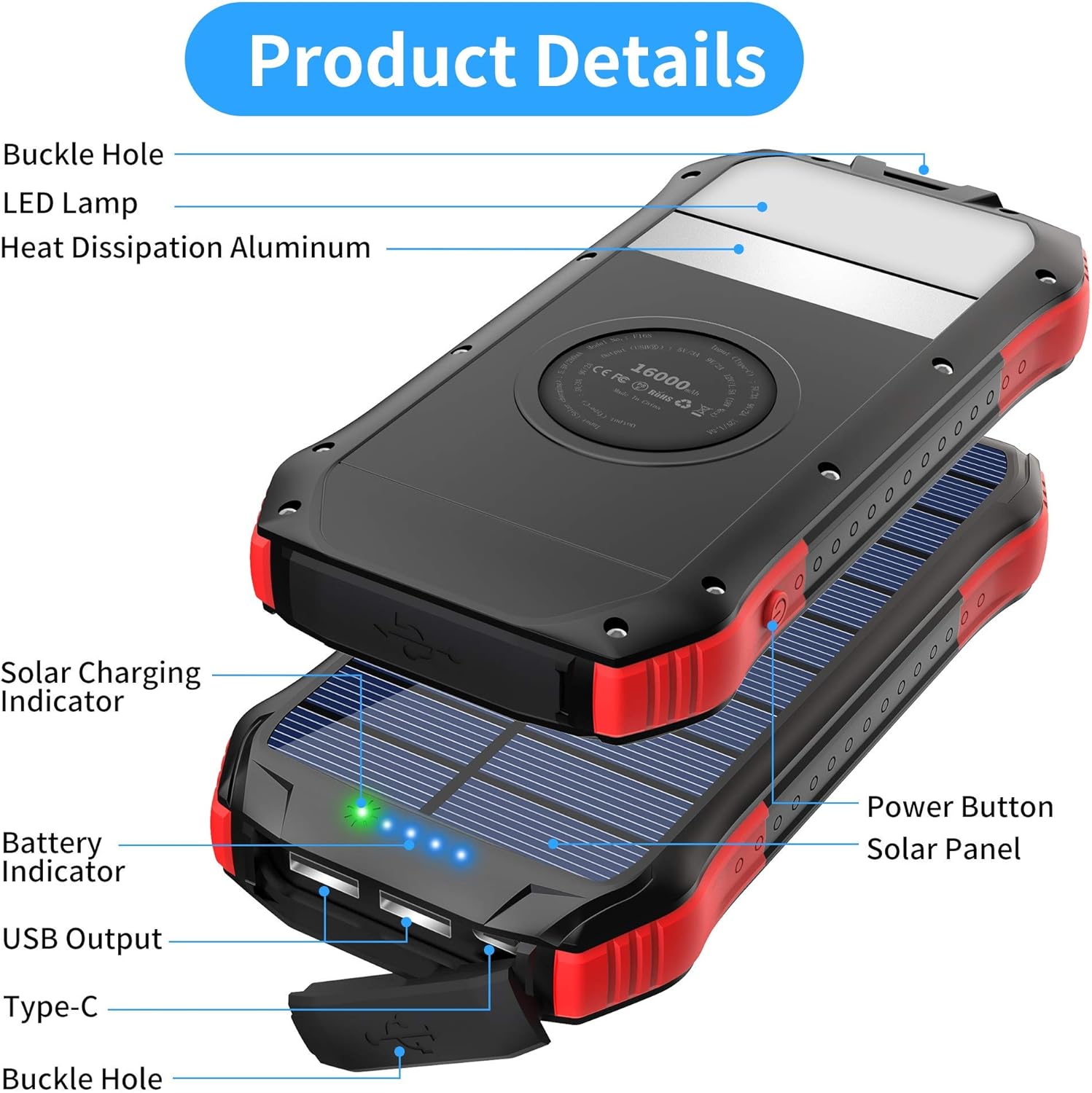 Solar Charger, Portable Charger 16000mAh, Solar Power Bank External Backup Battery USB Type-C Ports, Waterproof Solar Phone Charger Panel Charging for Smartphones, 15 LED Flashlights for Outdoor: Home Audio & Theater